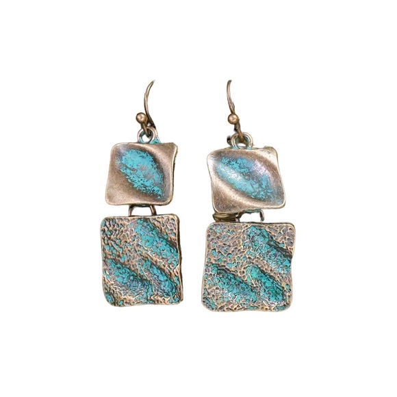 Bronze and Turquoise Square Drop Earrings - Picture 1 of 7